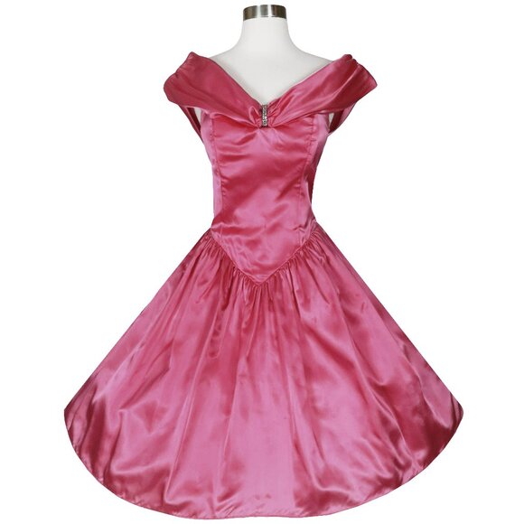 Vintage 80s 50s Pink Satin Zum Zum Full Skirt Prom Party Dress XS S Extra Small - Picture 1 of 12